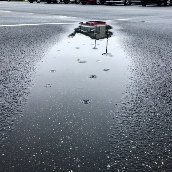 Pooled water on a slightly sunken section of an asphalt parking lot after a light rain