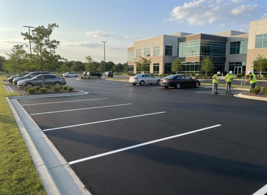 Newly Paved Parking Lot with Line Painting and Workers