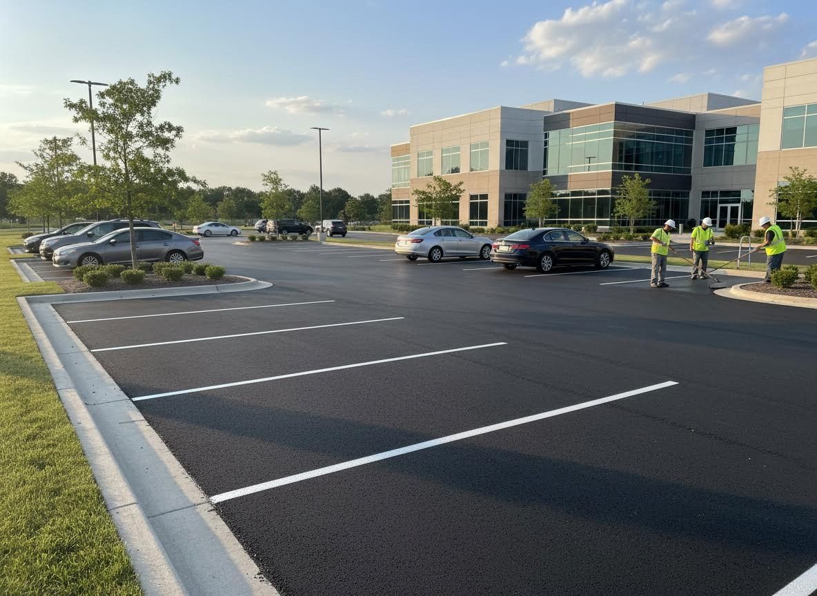 Newly Paved Parking Lot with Line Painting and Workers