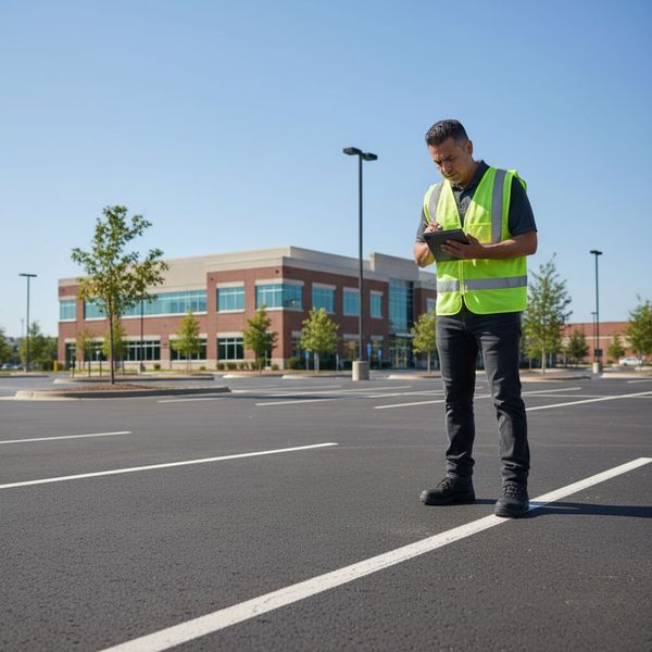 A professional-looking person, possibly a site manager or inspector, wearing a reflective vest, walking across a commercial parking lot and meticulously examining the asphalt surface. They are carrying a clipboard or tablet, suggesting a thorough inspectio