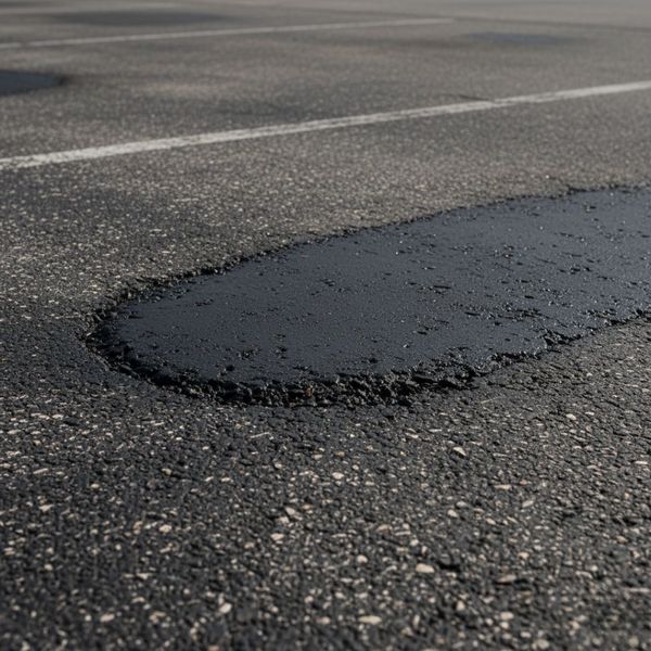 A close-up, low-angle shot of a seamlessly repaired section of an asphalt parking lot, showing where a pothole has been expertly filled and blended into the surrounding surface. The patched area is dark and smooth, almost indistinguishable from the older a