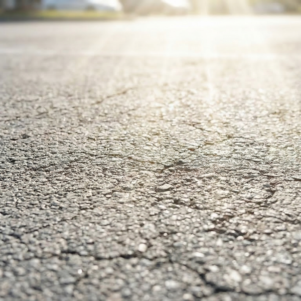 A macro photograph of brittle, gray, sun-damaged asphalt with small surface cracks.