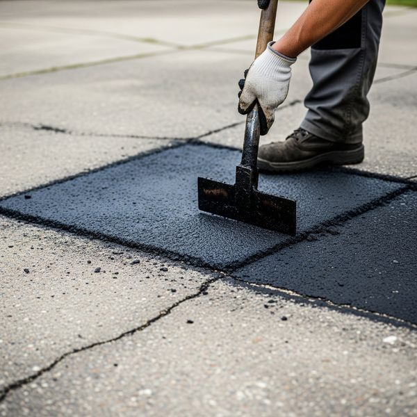 Worker applying asphalt patching or crack filling with hot mix on a worn driveway