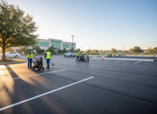 Workers Striping a Newly Paved Parking Lot