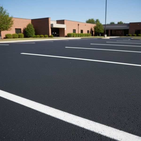 A ground-level, eye-catching view of a section of a commercial parking lot that has just been sealcoated. The asphalt is a rich, dark black, with crisp, bright white parking lines clearly visible against it. The pavement appears smooth and well-maintained under natural daylight, conveying a strong sense of renewed aesthetics and professionalism. A ground-level, eye-catching view of a section of a commercial parking lot that has just been sealcoated. The asphalt is a rich, dark black, with crisp, bright white parking lines clearly visible against it. The pavement appears smooth and well-maintained