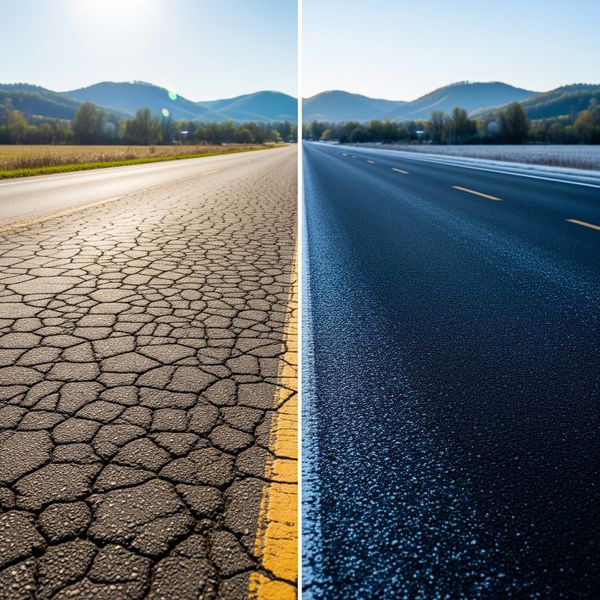 Side-by-side image of asphalt in hot sun and cold weather