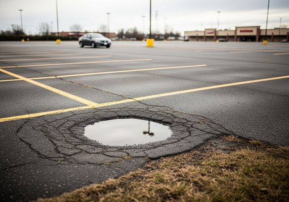 Wide angle shot of a commercial parking lot with visible potholes under natural light