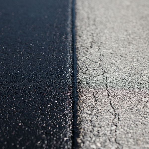 A close-up, slightly elevated shot of an asphalt surface, showing a clear distinction between a section that is dark black and freshly sealcoated on one side, and a section that is faded gray, showing minor signs of weathering and tiny cracks from UV exposure on the other. This visual contrast highlights protection. A close-up, slightly elevated shot of an asphalt surface, showing a clear distinction between a section that is dark black and freshly sealcoated on one side, and a section that is faded gray, showing minor signs of weathering and tiny cracks from UV expos