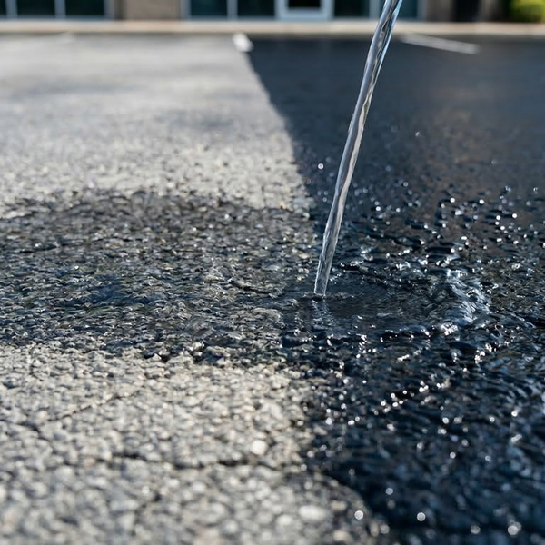 A macro photo demonstrating water beading up on fresh black sealcoat while an adjacent unsealed gray section absorbs moisture.