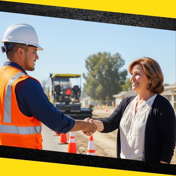 Crew member in a safety vest and hard hat shaking hands with a property owner