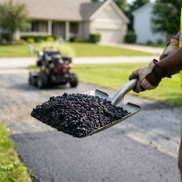 Worker in gloved hands holding a shovel full of black asphalt on a residential driveway.