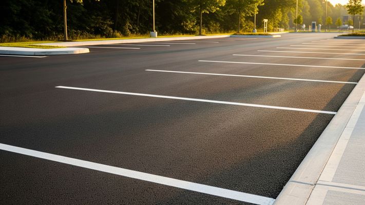 A freshly paved asphalt parking lot in the early morning light