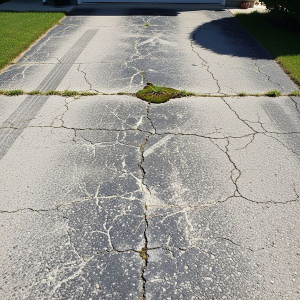 An older, faded asphalt driveway showing signs of sun damage and wear