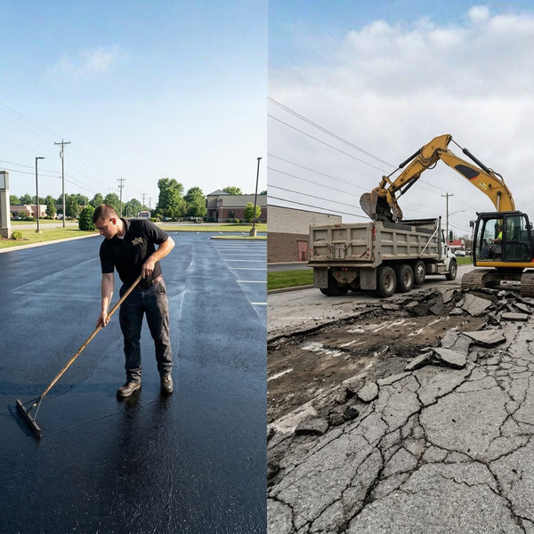 A split screen comparing an active sealcoating application to expensive heavy equipment tearing up a failed asphalt parking lot.
