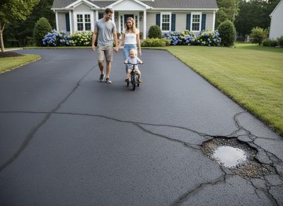 Family walking on cracked driveway with large pothole