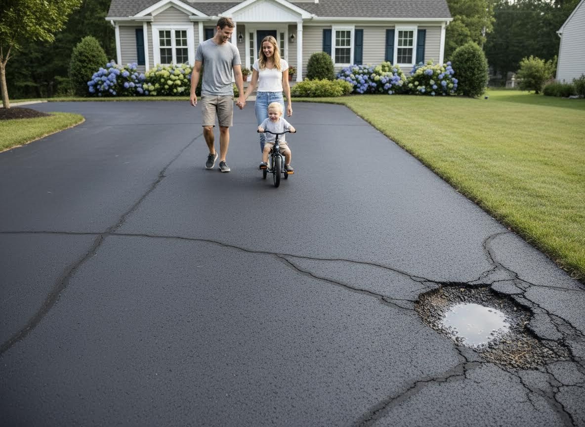 Family walking on cracked driveway with large pothole