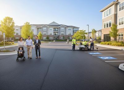 Freshly Paved Apartment Parking Lot with Family and Line Painting Crew