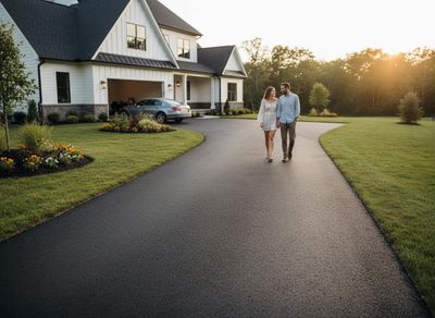 Couple on a new asphalt driveway at sunset