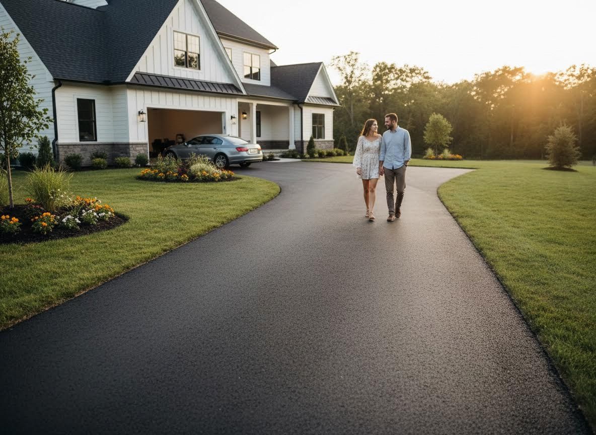 Couple on a new asphalt driveway at sunset