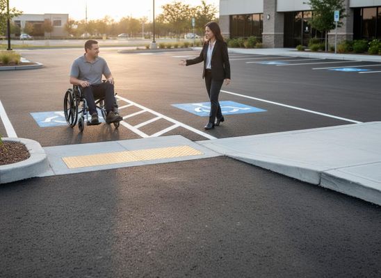 Accessible Parking Lot with Wheelchair User and Pedestrian
