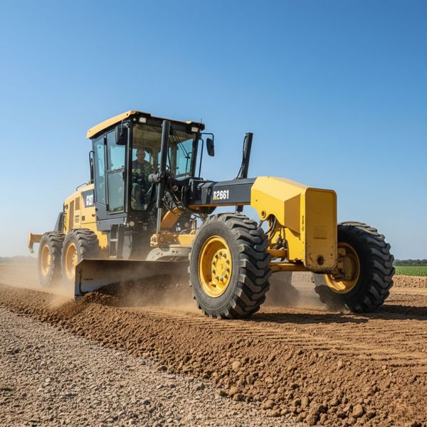 A professional-looking grader or small bulldozer machine actively leveling a dirt and gravel sub-base on a construction site. The ground is being smoothed out, with dust subtly rising in the background. Natural light, clear blue sky. A professional-looking grader or small bulldozer machine actively leveling a dirt and gravel sub-base on a construction site. The ground is being smoothed out, with dust subtly rising in the background. Natural light, clear blue sky.