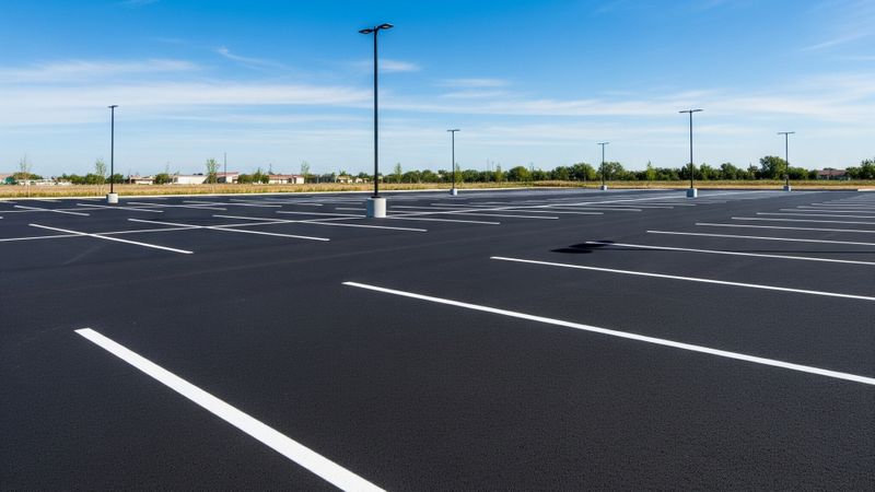 Wide view of a freshly paved commercial parking lot with bright striping, no vehicles present, blue sky overhead
