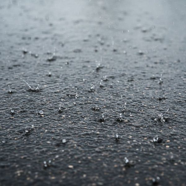 A close-up shot of an asphalt surface with distinct raindrops splattering and creating small, wet circles. The overall impression is dampness or recent rainfall, clearly illustrating conditions where sealcoating should not be applied due to moisture. A close-up shot of an asphalt surface with distinct raindrops splattering and creating small, wet circles. The overall impression is dampness or recent rainfall, clearly illustrating conditions where sealcoating should not be applied due to moisture.