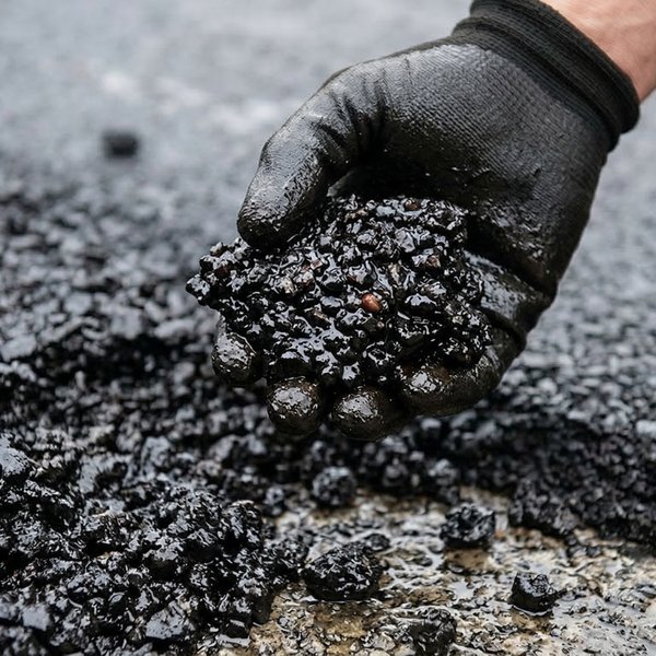 A detailed macro close-up of a gloved hand holding a handful of dark, rich asphalt aggregate mix.