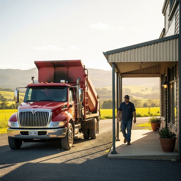 A paving contractor truck pulling up to a storefront