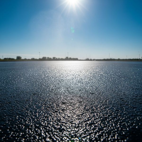 A bright and intense summer sun shining down directly onto a freshly applied, dark asphalt sealcoat. The surface glistens slightly from the heat, and subtle heat haze might be visible, emphasizing the rapid drying and curing process that occurs in summer conditions. A bright and intense summer sun shining down directly onto a freshly applied, dark asphalt sealcoat. The surface glistens slightly from the heat, and subtle heat haze might be visible, emphasizing the rapid drying and curing process that occurs in summer c