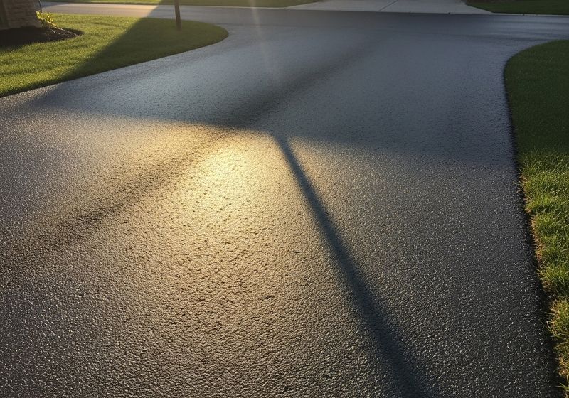 A freshly sealcoated residential driveway looking dark and smooth under the sun.