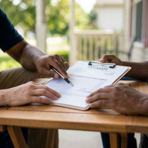 Two people reviewing and pointing at an "ESTIMATE" document on a clipboard at a table.