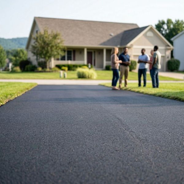 Wide-angle view of a new smooth black asphalt driveway in front of a house.
