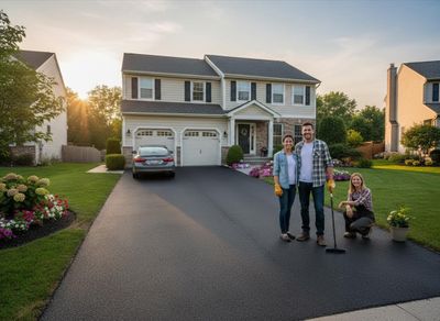 Family with newly sealed asphalt driveway in front of their home