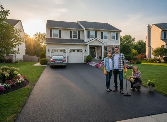 Family with newly sealed asphalt driveway in front of their home