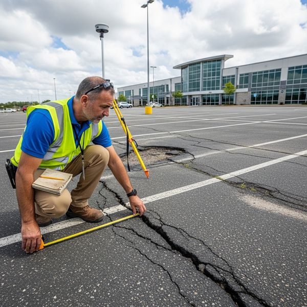 *A professional surveyor inspecting extensive asphalt damage in a large commercial lot.