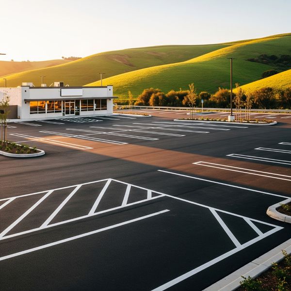 A freshly paved commercial parking lot with clean striping