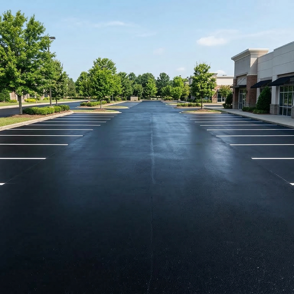 An aerial-view perspective of a clean, professionally sealcoated commercial parking lot with crisp white parking lines.