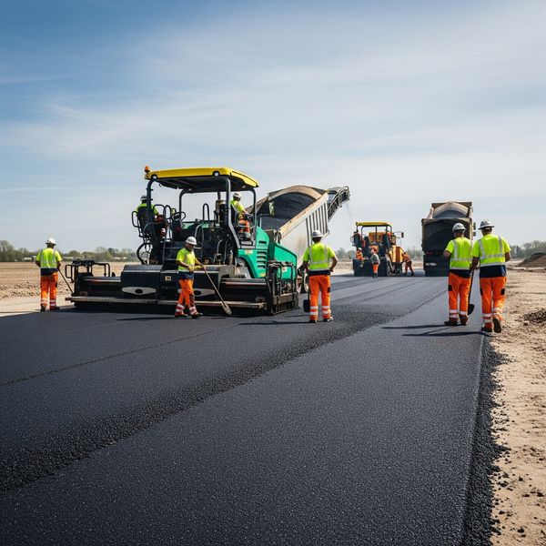 Crew in high-visibility clothing operating paving machines on a lot