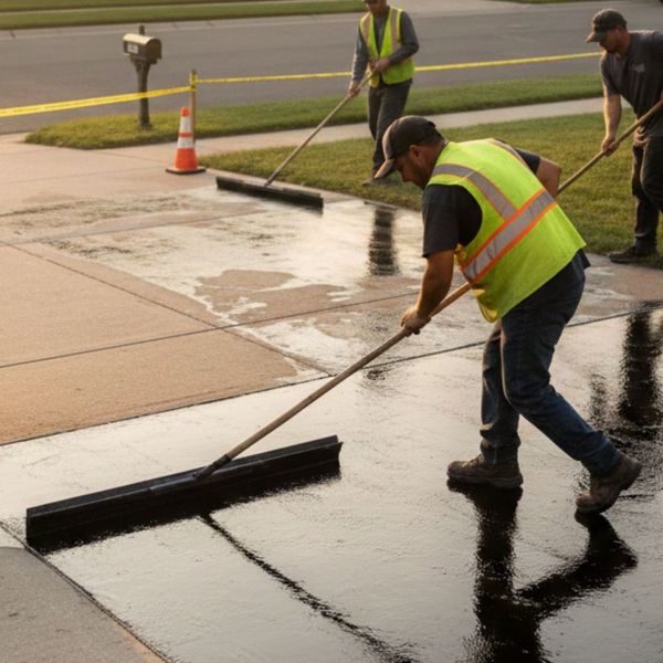 Workers pouring sealcoating