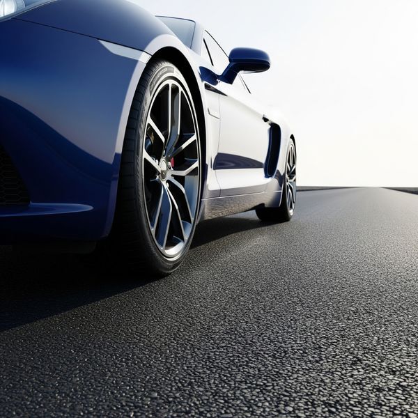 Close-up image of a vehicle driving smoothly over fresh asphalt