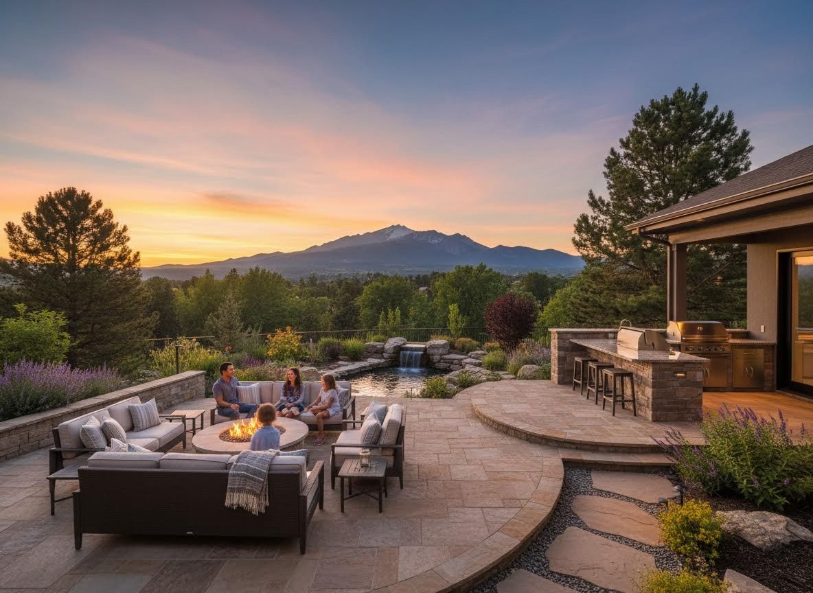 A family of four sits around a glowing fire pit on a luxurious stone patio at sunset, with an outdoor kitchen, pool, and mountains in the background. Family enjoying outdoor patio with fire pit at sunset with mountain view