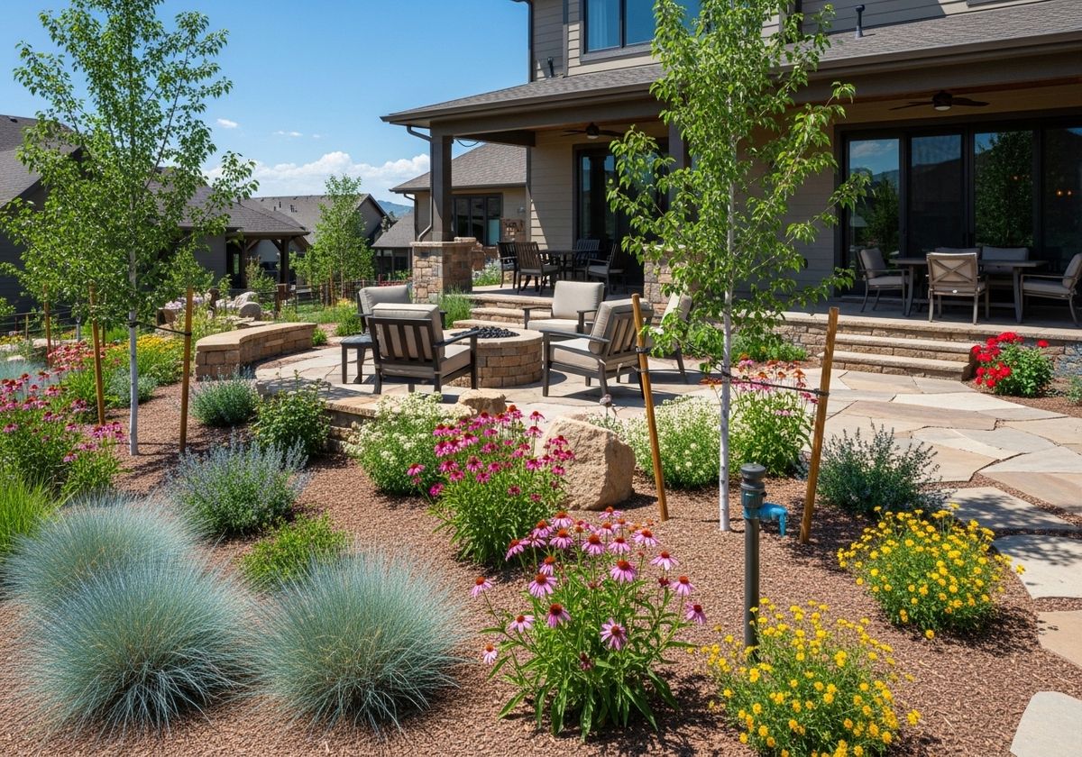 Landscaped backyard patio with fire pit