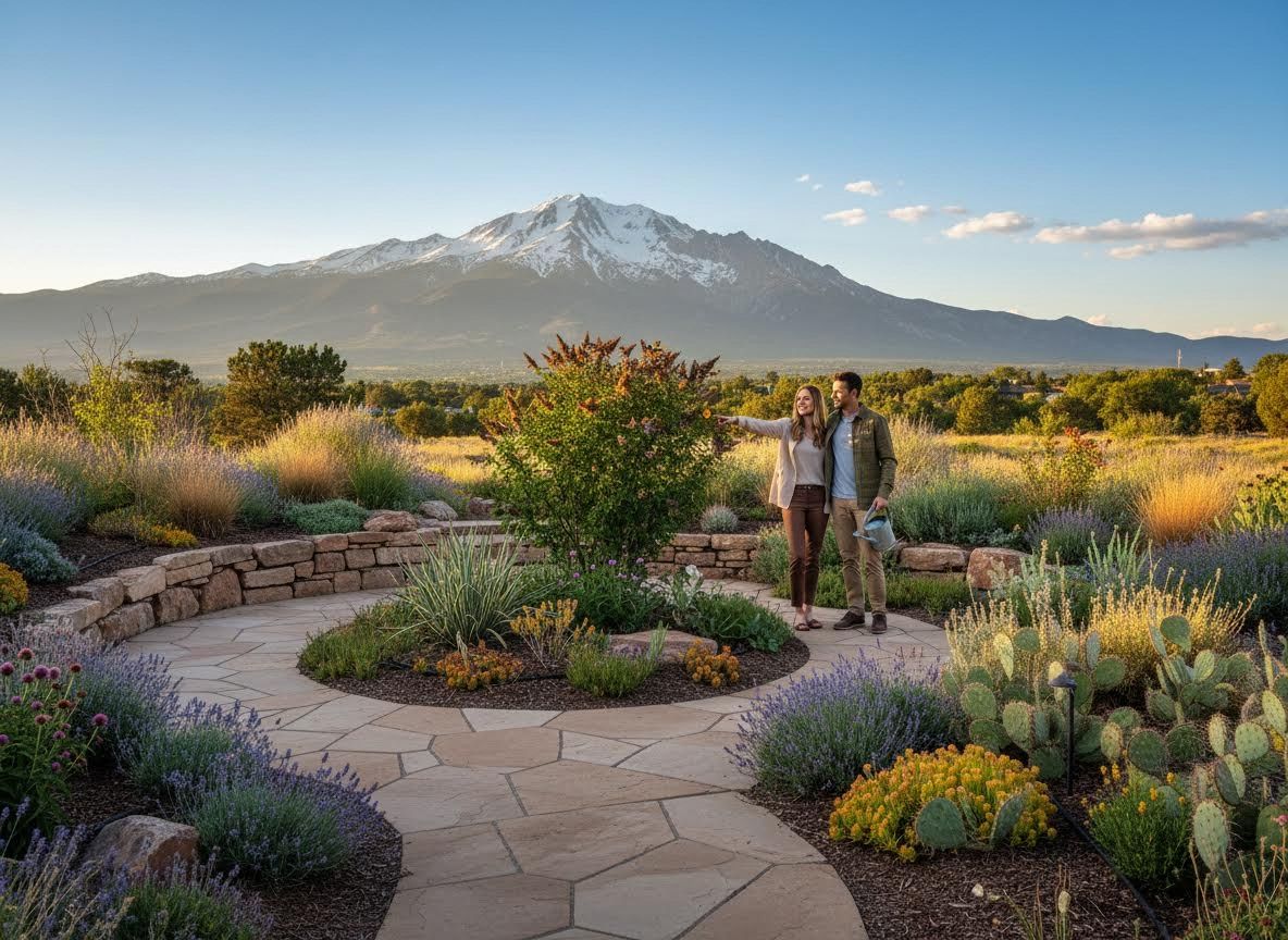 Couple in a Beautiful Xeriscape Garden with Mountain View