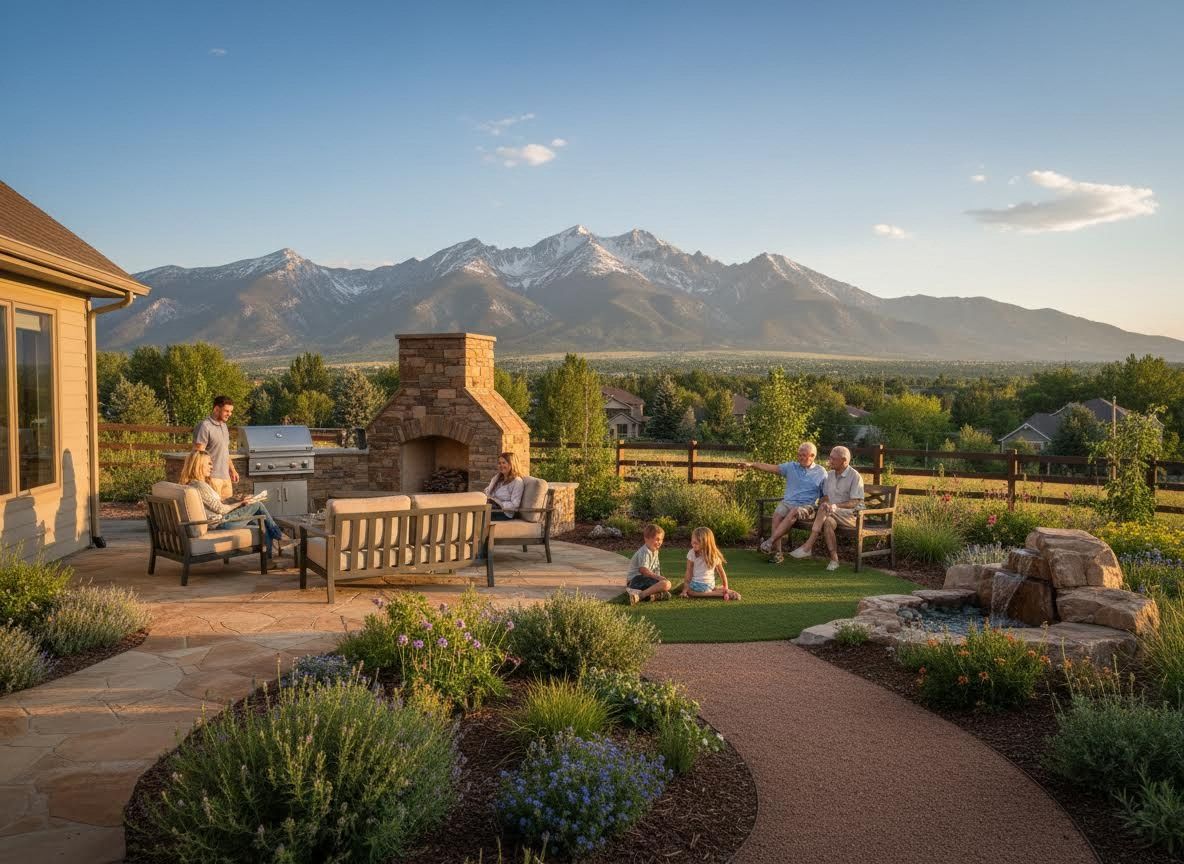 Multi-generational family enjoying an outdoor patio with mountain views