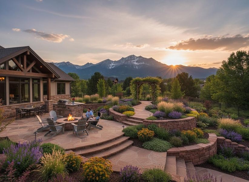A couple relaxes by a fire pit on a stone patio with tiered landscaping, a house, and snow-capped mountains at sunset. Luxury Patio with Mountain Sunset and Fire Pit