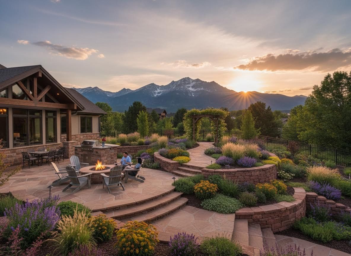 A couple relaxes by a fire pit on a stone patio with tiered landscaping, a house, and snow-capped mountains at sunset. Luxury Patio with Mountain Sunset and Fire Pit