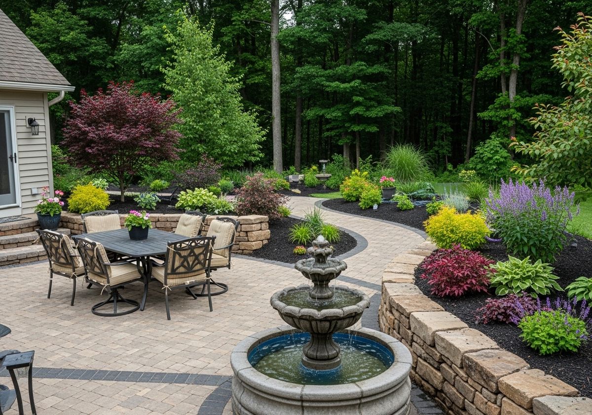 Landscaped backyard with patio and fountain