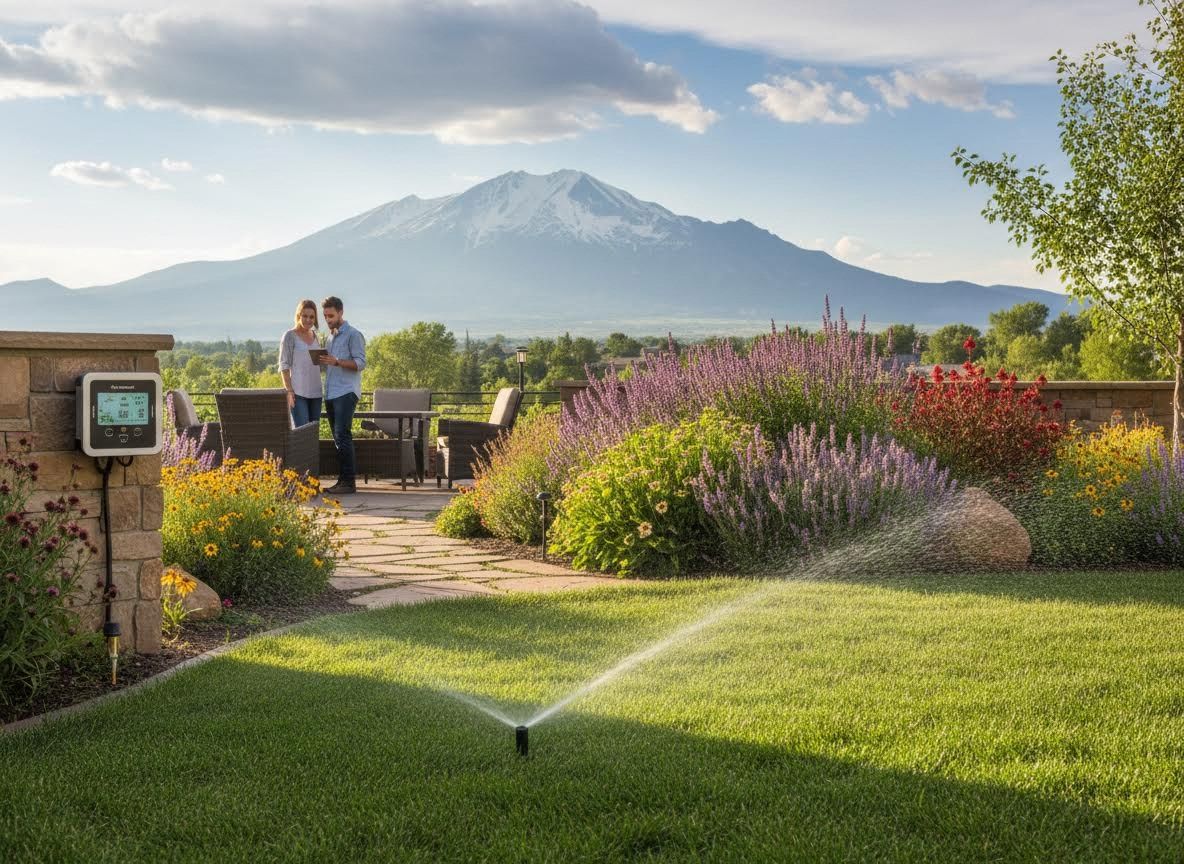 Smart Irrigation System in a Lush Garden with Mountain View