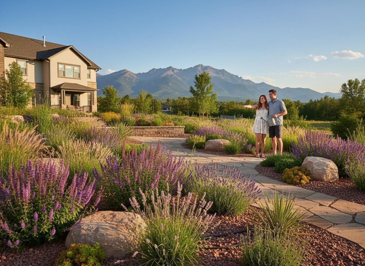 Couple in a beautiful xeriscaped garden with mountain views